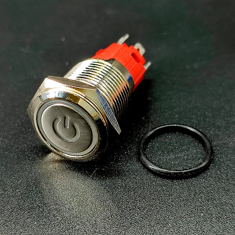 Кнопка “антивандальная” 5pin push ON, d=16мм, с красной подсветкой, круглая металлическая