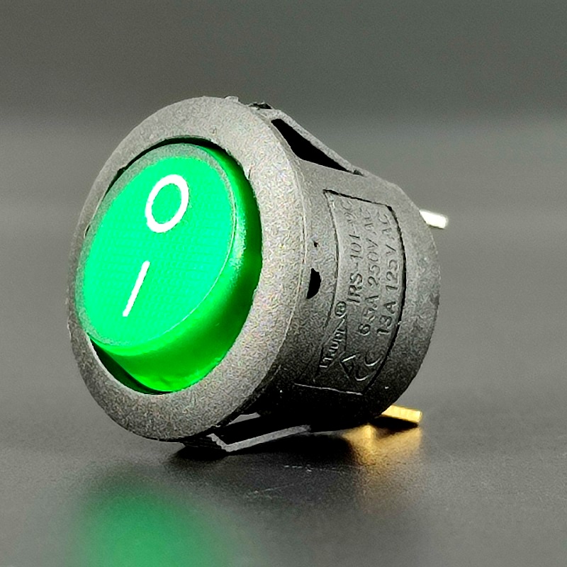 IRS-101-9C Переключатель 3 pin ON-OFF, d=20мм, круглый зеленый, 13A-125V, 6,5A-250V, 1 дугообразная клавиша