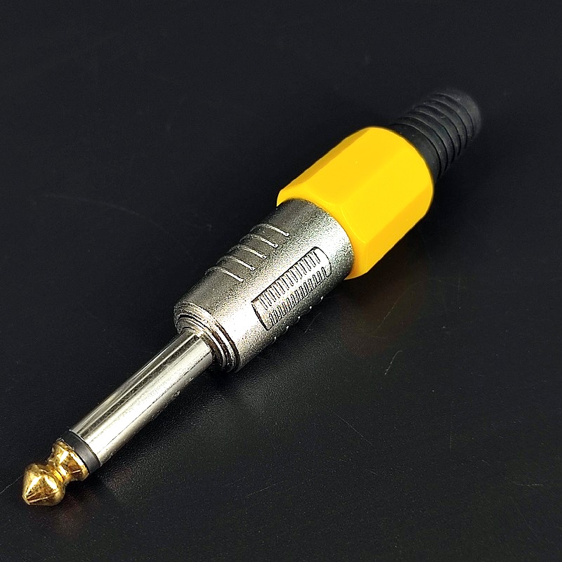Джек моно 6,35мм металлический Silver pin-Gold цанговый желтый на кабель