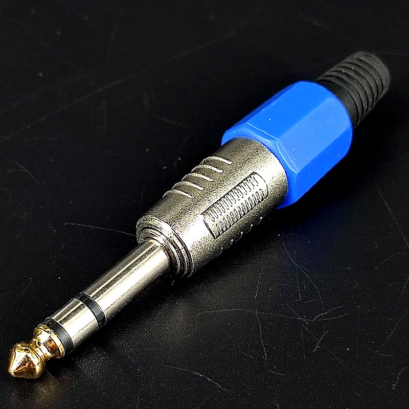 Джек стерео 6,35мм металлический Silver pin-Gold цанговый синий на кабель