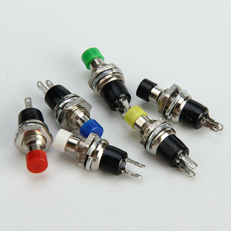 PBS-10B-2 Кнопка 2 pin OFF-(ON), d=7,2мм круглая зеленая, 3A-125V, 1A-250V, металлический шток