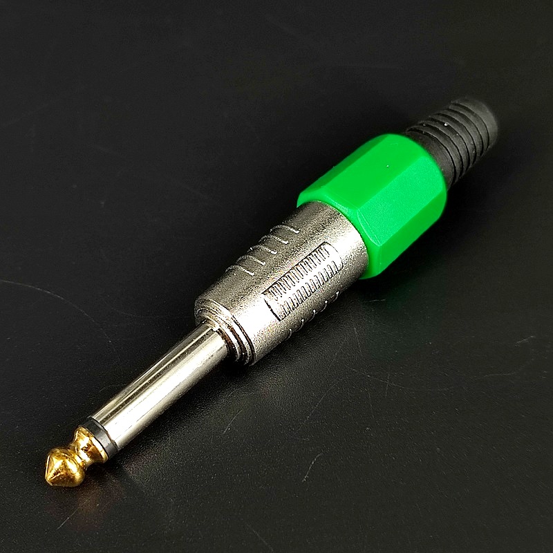 Джек моно 6,35мм металлический Silver pin-Gold цанговый зеленый на кабель