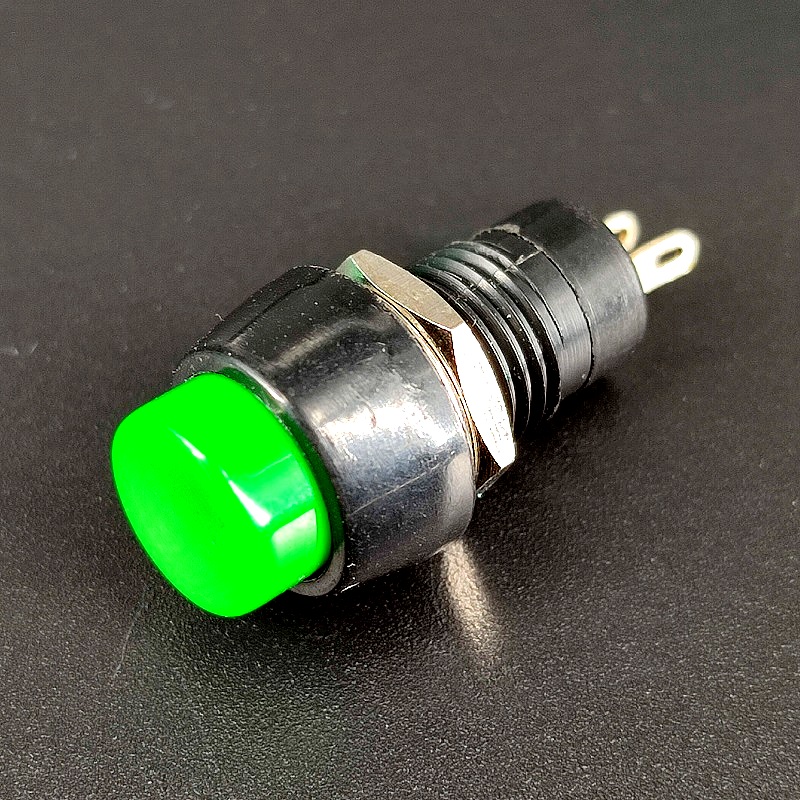 PBS-20B Кнопка 2 pin OFF-(ON), d=14,8мм, круглая зеленая, 3A-125V, 1A-250V