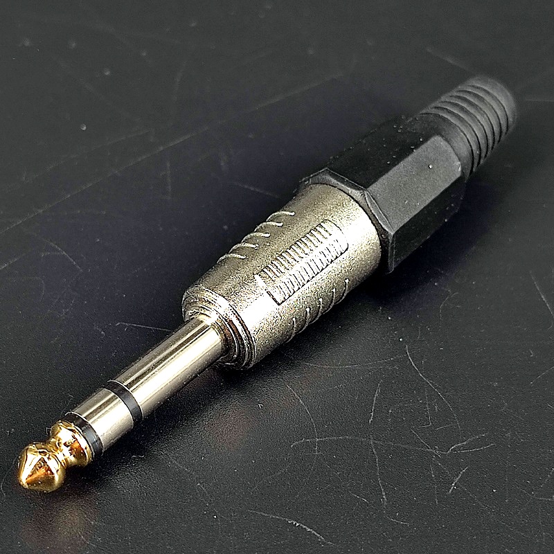 Джек стерео 6,35мм металлический Silver pin-Gold цанговый чёрный на кабель