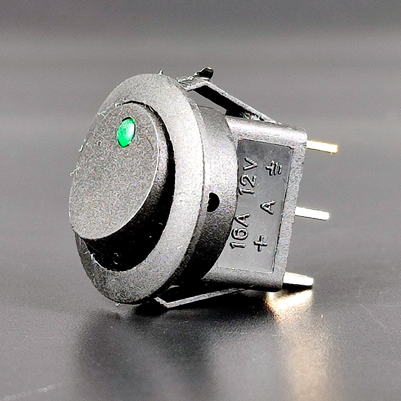 IRS-101E-8C/D Переключатель 3 pin ON-OFF, d=20мм, круглый, с зеленым светодиодом, 16A-12V, 1 дугообразная клавиша