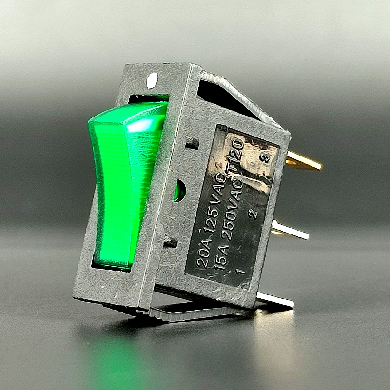 IRS-101-2C Переключатель 3 pin ON-OFF, узкий, зеленый, 20A-125V, 15A-250V, 35A-12V, 1 дугообразная клавиша