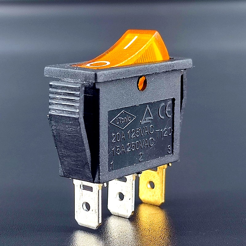 IRS-101-1C Переключатель 3 pin ON-OFF, узкий, желтый, 20A-125V, 15A-250V, 35A-12V, 1 дугообразная кл