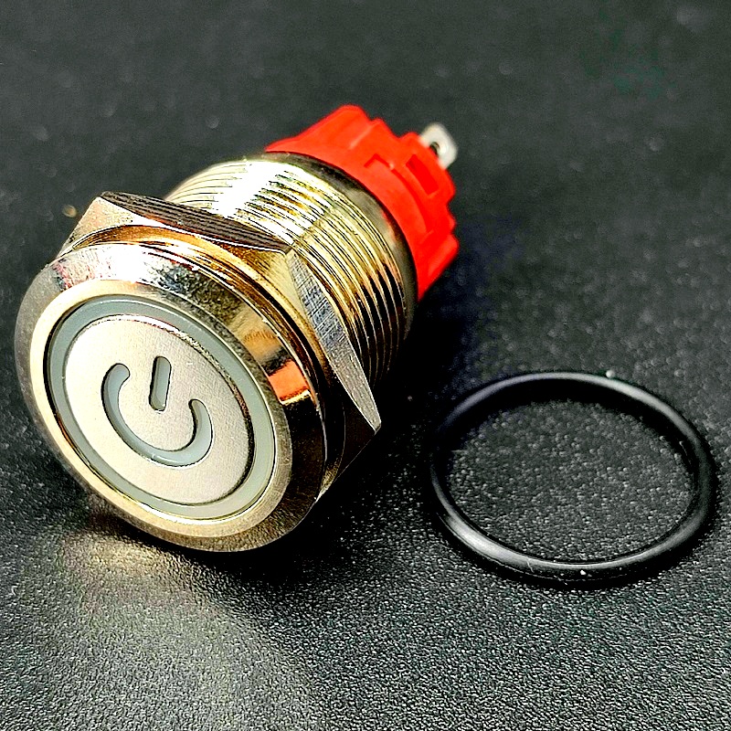 Кнопка “антивандальная” 5pin ON-OFF, d=19мм, с красной подсветкой 12В, круглая металлическая
