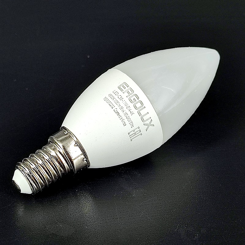 Лампа SMD-светодиодная, E14, 11W–>95W, свеча C35, холодный свет (4500K) “Ergolux” 1060лм