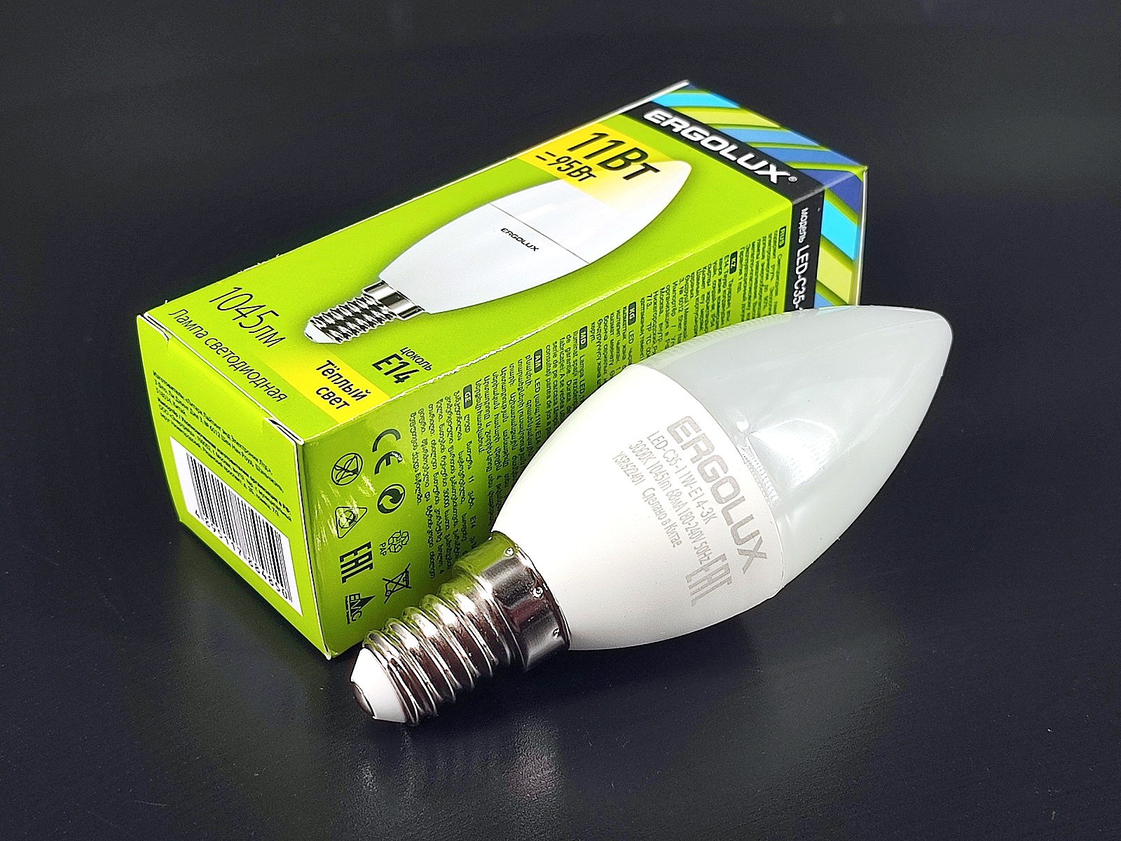 Лампа SMD-светодиодная, E14, 11W—>95W, свеча C35, теплый свет (3000K) «Ergolux» 1045лм